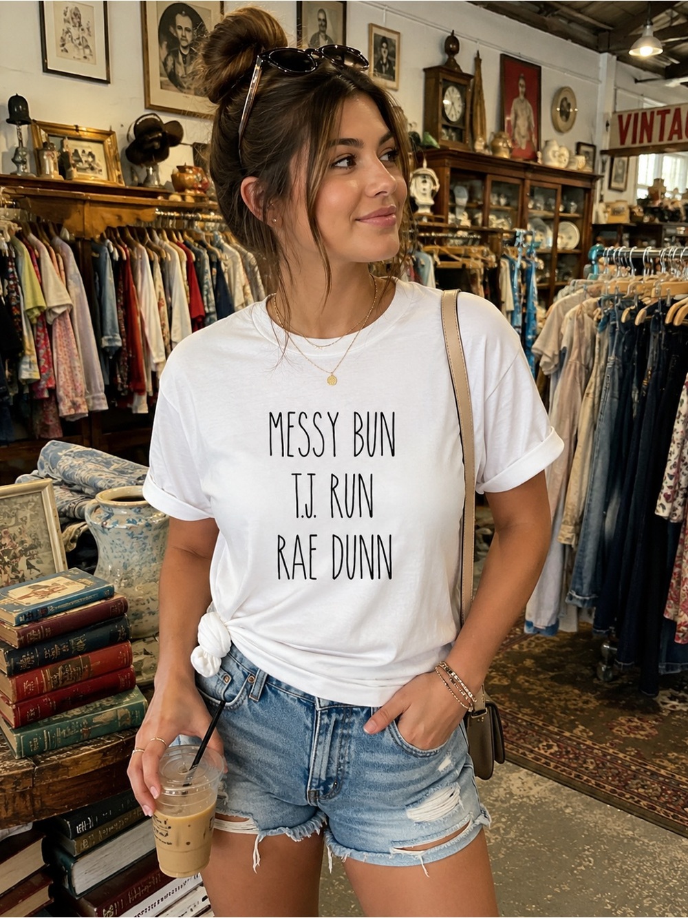 MESSY BUN TJ RUN RAE DUNN White Graphic Tshirt